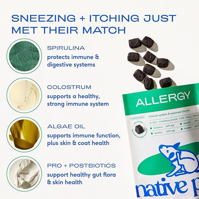 Native Pet Dog Allergy Chews - Dog Allergy Relief with Probiotics and Colostrum for Itchy Skin Relief to Support Seasonal Allergy and Healthy Immune System - All Natural Anti-Histamine - 90 Chews