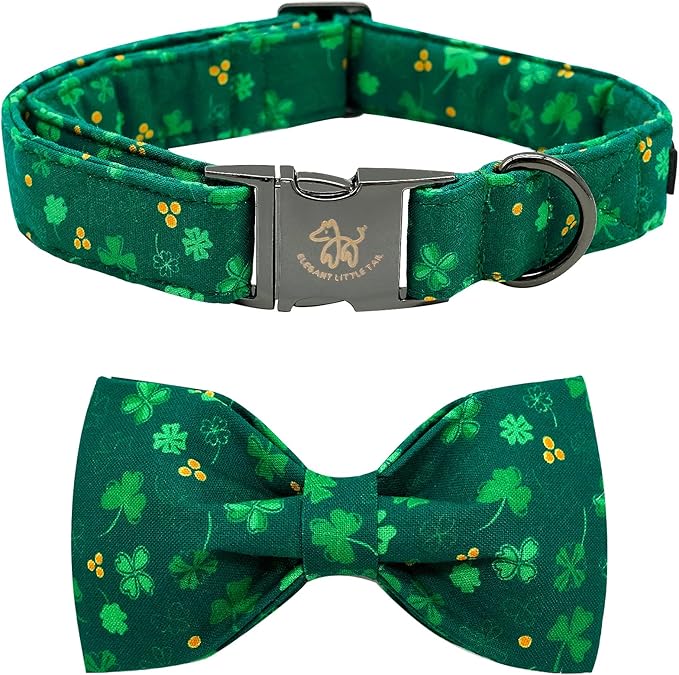 Elegant little tail St. Patrick's Dog Collar, Green Clover Print Sturdy Soft Dog Collars Pet Gift Puppy Bowtie Adjustable Pet Collars for X-Large Dogs
