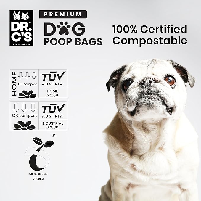 100% Certified Compostable Dog Poop Bags - Dr. C's Premium Dog Poop Bags - 270 Bags / 18 Rolls, Extra thick, Leak Proof, Unscented, Plant Based and Earth Friendly, Dispenser Included, USA Owned