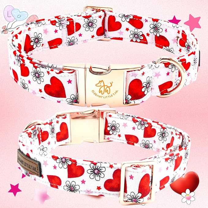 Elegant little tail Valentine's Dog Collar with Flower, Cute Flower with Heart Pet Collars Holiday Female Adjustable Cotton Pet Collar with Flowers for Small Medium Large Dogs