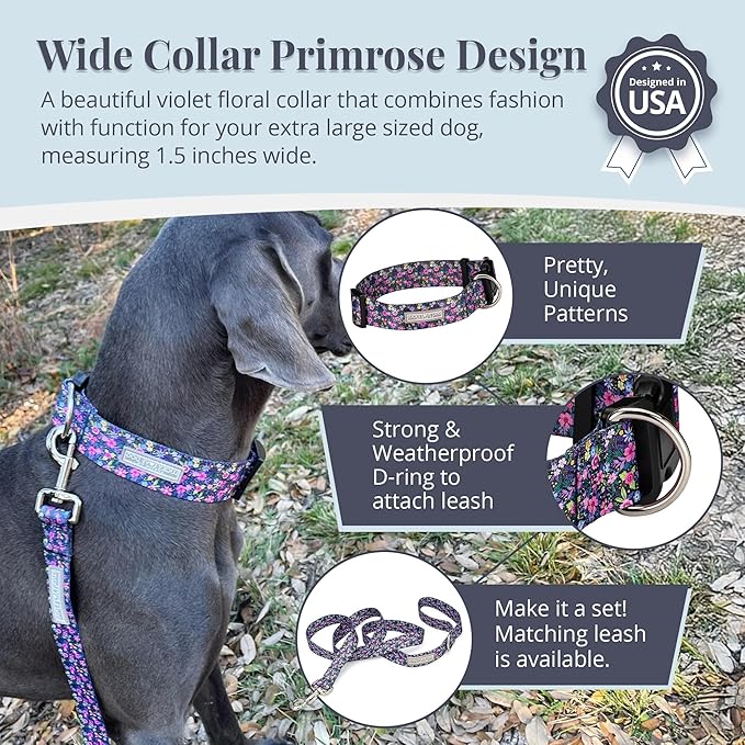 Lucky Love Dog Wide Dog Collar - Adjustable, Durable, Soft Webbing, & Comfortable 1.5 inch Wide Collar for Dogs Male and Female with Strong Buckle - Primrose, X-Large