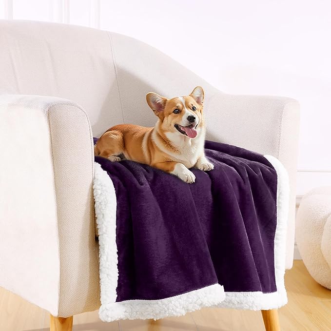 Smiry Waterproof Blanket Throw for Large Dogs, Soft Reversible Dog Blanket for Sofa Couch Bed, Washable Leakproof Sherpa Fleece Furniture Couch Protector(40"x60", Dark Purple/White)
