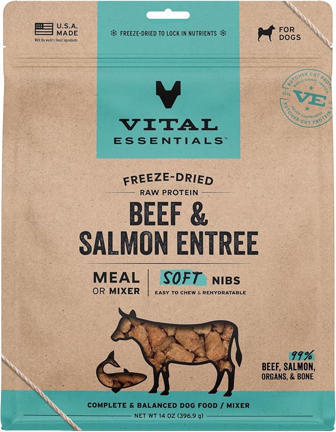 Vital Essentials Freeze Dried Dog Food, Raw Beef & Salmon Soft Nibs | Complete Meal or Mixer | 99% Beef, Salmon, Organs & Bone | High Protein, Low Carb, Grain Free, Dry Dog Food | 14 oz