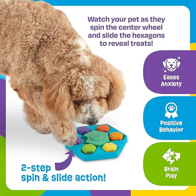Brightkins Spin & Seek Hexagon Treat Puzzle - Interactive Dog Toys, Puzzle Feeder for Small and Large Dogs, Enrichment Toy Puzzles to Keep Pets Busy, Treat Dispensing Puppy Toys, Cognitive Dog Toy