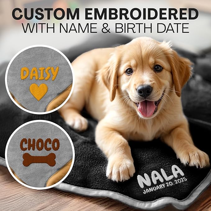 Personalized Puppy Blanket – Custom Embroidered Dog Blanket with Name & Birth Date – Soft New Puppy Gift – Keepsake for Dog Lovers, Pup Moms & New Pet Owners - Black