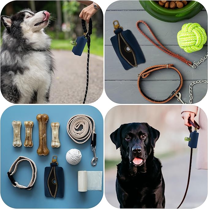 HIFA Genuine Leather Dog Leash Poop Holder - Soft Touch Rustic Leather, Metal Clips, Easy Access to Pet Waste Bags - Outdoor Walking Dispenser