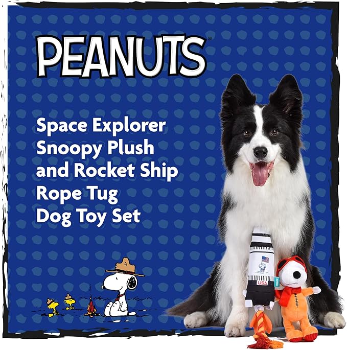 Peanuts for Pets Space Explorer Snoopy Plush and Rocket Ship Rope Tug Dog Toy Set, Squeaky Puppy Toys, Stuffed Animal, Ideal for Dog Birthday, Small and Large Dogs
