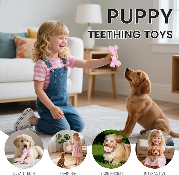 Puppy Toys, Puppy Teething Toys, 9 Pack Soft Durable Rubber Interactive Pink Puppy Chew Toys for Teething to Soothe Gums and Keep Busy, Cute Puppy Essentials (Pink)