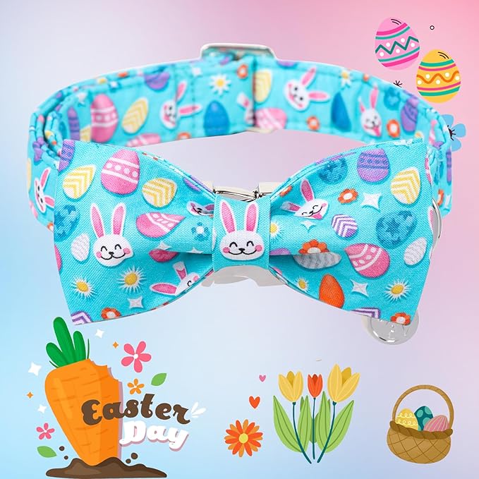 DOGWONG Cotton Easter Dog Collar with Bowtie, Soft Adjustable Blue Rabbit Easter Day Dog Collar Cute Egg Puppy Collar for Small Medium Large Dog