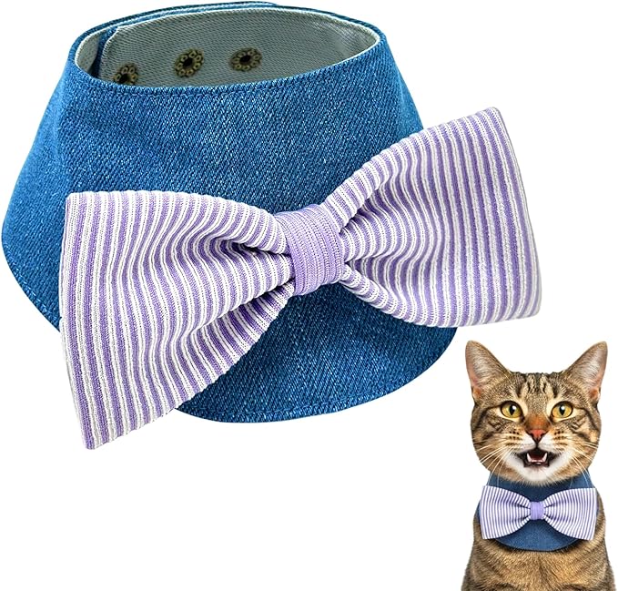Denim Dog Bandana – Striped Bowtie, Soft & Durable Pet Scarf with Adjustable Metal Snap Buttons for Dogs & Cats (Purple, 3X-Large)