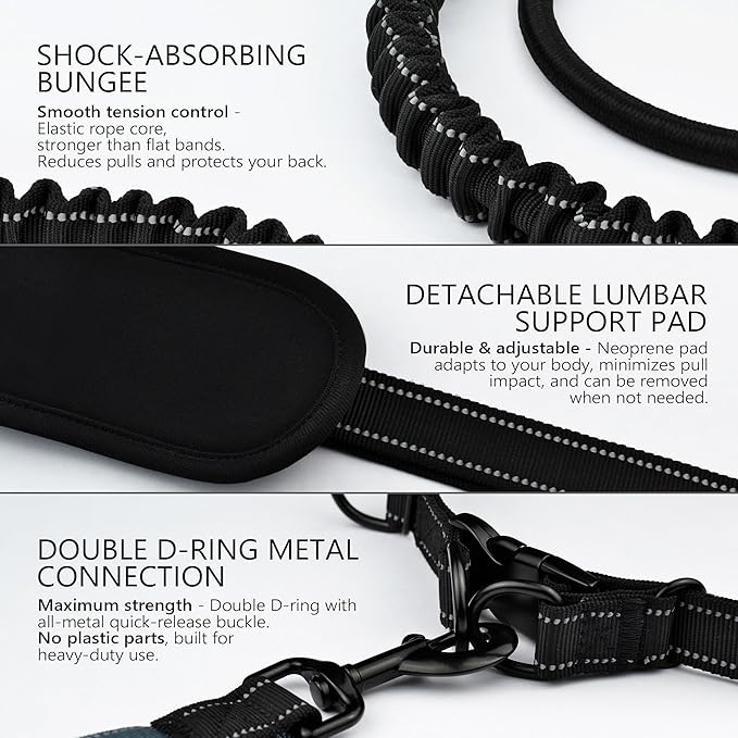 Waist Leash for Dog Walking, Running Leash for Dogs with Metal Quick-Release Buckle, Shock-Absorbing Rope Bungee, Neoprene Lumbar Support - Comfortable Hands Free Control for Daily Walks