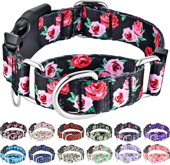 Martingale Collar for Dogs Pink Floral Dog Collars for Small Dogs with Buckle Girl Female Soft Nylon Dog Collar (Black Pink Rose, S)