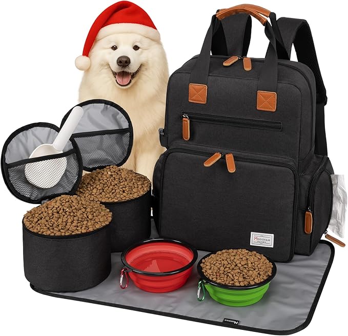 Modoker Dog Travel Bag, Airline Approved Backpack for Pet Accessories Organizer, Tote Weekend Bag with 2 Dog Food Storage Containers, 2 Collapsible Bowls, 1 Pet Mat, Black