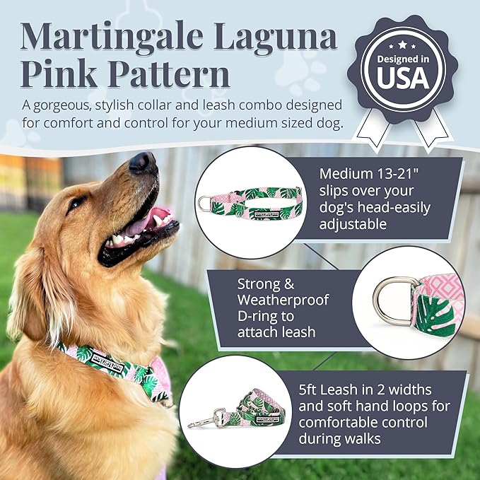 Lucky Love Dog Martingale Dog Collar & Leash - Adjustable, No-Slip, Durable, Comfortable, Soft Webbing, & Stylish Patterned Collar & Leash Set for Male and Female Dogs - Laguna Mart Combo, Medium