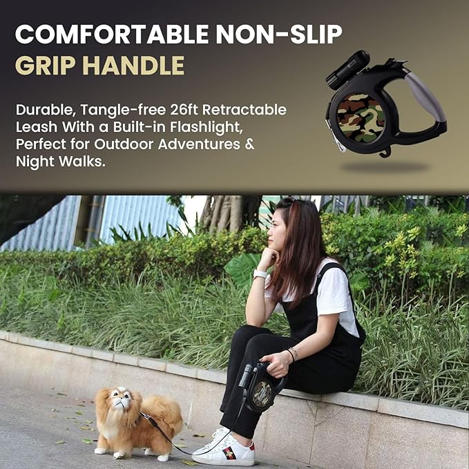 Camo Dog Leash - 26ft Retractable with Flashlight - Medium to Large Dogs
