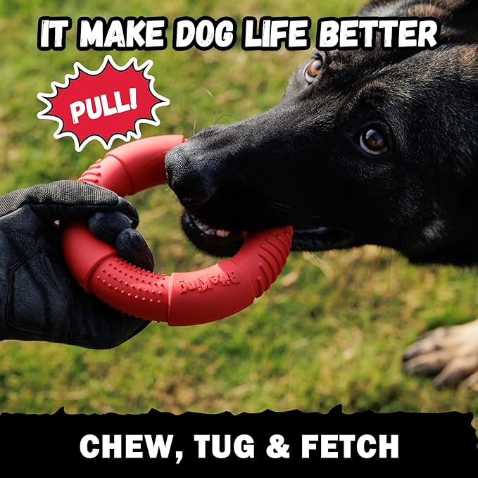 Natural Rubber Dog Ring Toy for Large Aggressive Chewers - Lifetime Replacement - Indestructible Tug Fetch Toy for Large Breed - Durable Tough Dog Chew Toy for Super Chewer, Red