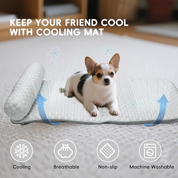 Pet Cooling Mat for Cats and Small Dogs, Self Cooling Fabric with Supportive Pillows, Lightweight, Soft and Comfortable, Leak-Proof, Non Gel, Washable, Cozy Sleeping mat, Indoor/Outdoor