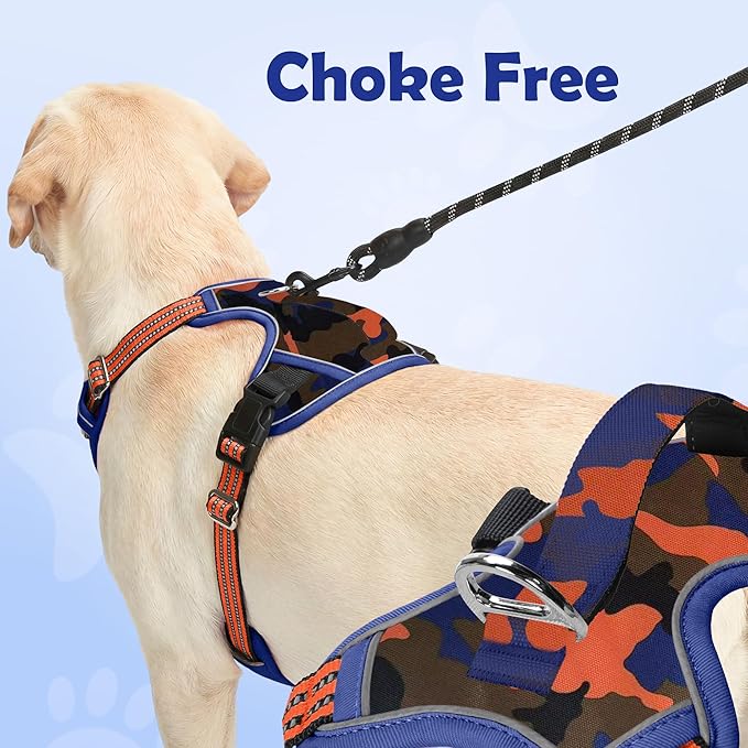 Funfox Dog Harness No Pull, Adjustable Pet Vest Harness, Super Soft Material with Vertical Handle Easy Control, Reflective Night Walking, 2 Leash Clips for XLarge Dogs, Camo Orange, XL