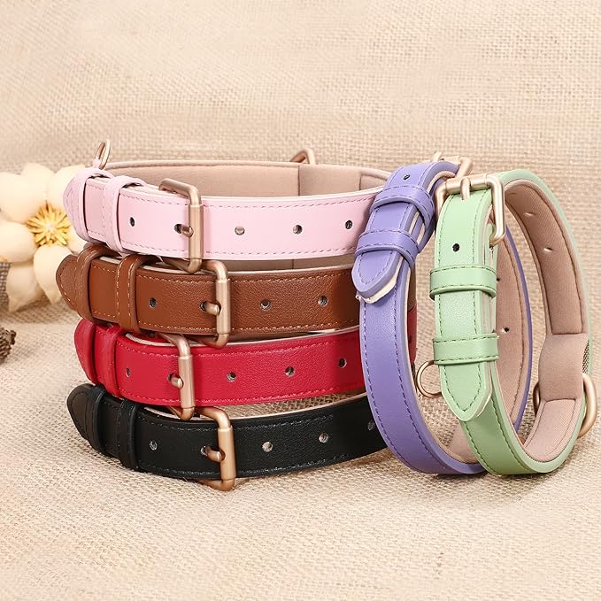 WHIPPY Leather Dog Collar for Small Medium Large Dog Adjustable Soft Breathable Leather Padded Puppy Collar with Alloy Buckle Heavy Duty Waterproof Classic Dog Pet Collar,Pink,S