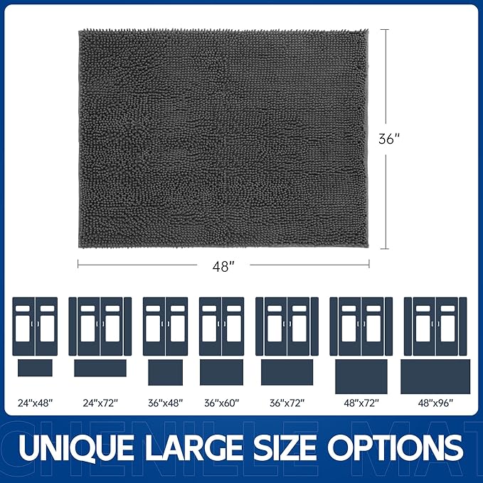 Chenille Absorbent Front Door Mat 48" x 36", Dog Door Mat for Muddy Paws, Trap Dirt Doormat, Mud Mat for Dogs, Washable Non Slip Outdoor Indoor Doormats for Entryway, Grey