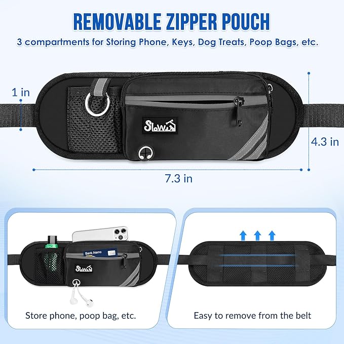 Hands Free Dog Leash for 2 Dogs, Adjustable Waist Belt with Zipper Pouch, Dual Handle Retractable Elastic Bungee with Reflective Stitches for Medium and Large Dogs Training Running