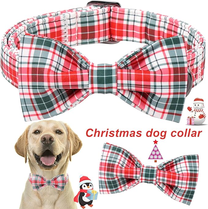 ARING PET Christmas Dog Collar with Bow, Cute Xmas Red Green Plaid Bowtie Pet Collars for Puppy Small Medium Large Girl Boy Dogs-L