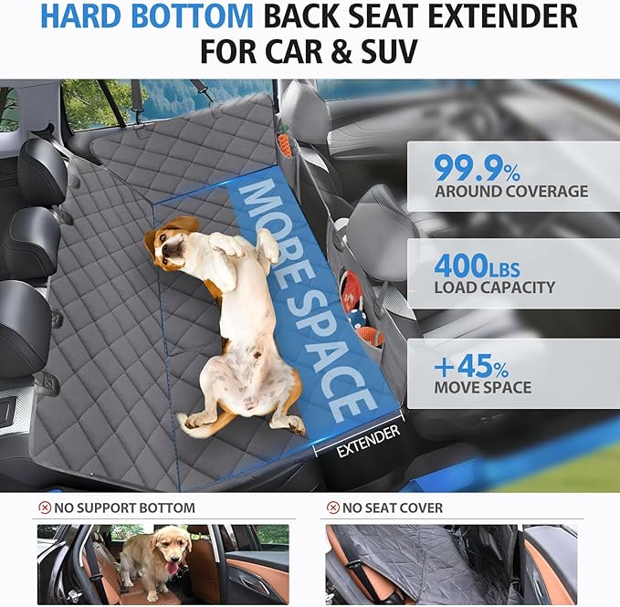 Back Seat Extender for Dogs, Hard Bottom Dog Car Seat Cover for Back Seat, Waterproof Dog Hammock for Car, Durable Platform Pet Rear Seat Travel Bed Protector for Car,SUV, Truck