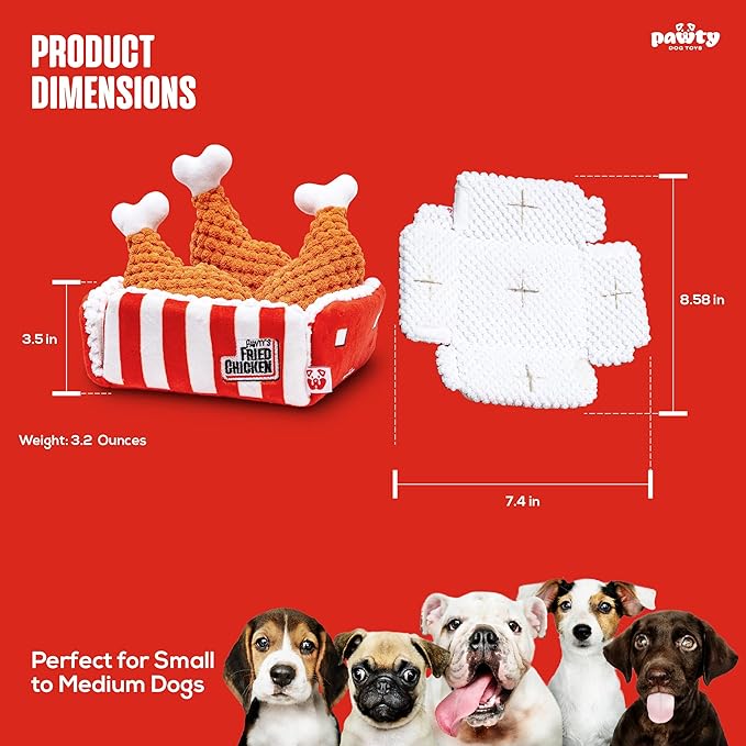 PAWTY Fried Chicken Interactive Dog Toy - Snuffle Nosework Puzzle with Squeaker - Pet Stress Relief Game - Hide Treat Food Puzzle - Medium Dog - Durable Cute Dog Gifts