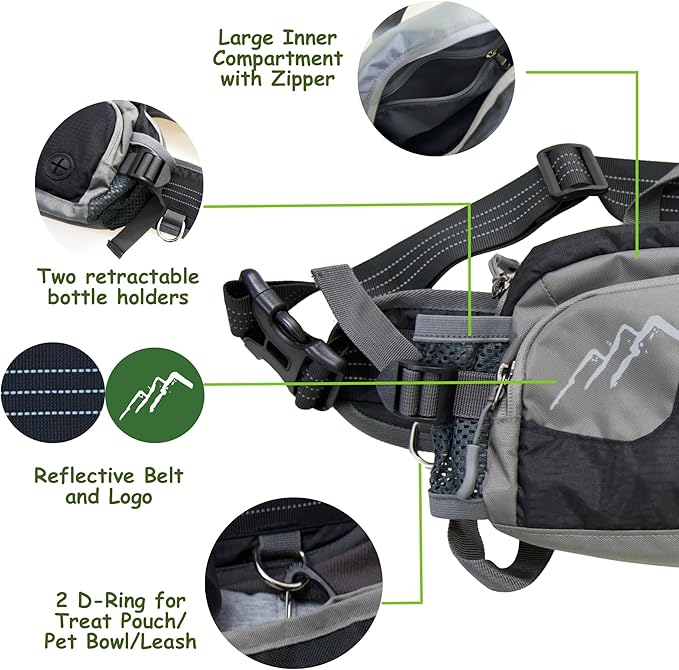 Dog Walking Fanny Pack with Removable Treat Pouch & 2 Retractable Water Bottle Holders, No Spill Magenetic Clasp - Hands-Free Pouches Training Waist Bag for Dog Owners, Poop Bag Dispenser