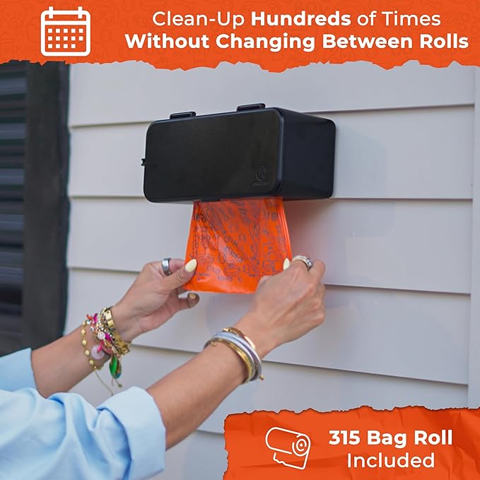 Dog Waste Station - Large Roll Dog Poop Bag Dispenser - Outdoor or Indoor Pet Waste Station - Stick-On or Screw-On Wall Mount - Poop Bags Storage Station for Outdoors - Includes 315 Bag Roll (Black)