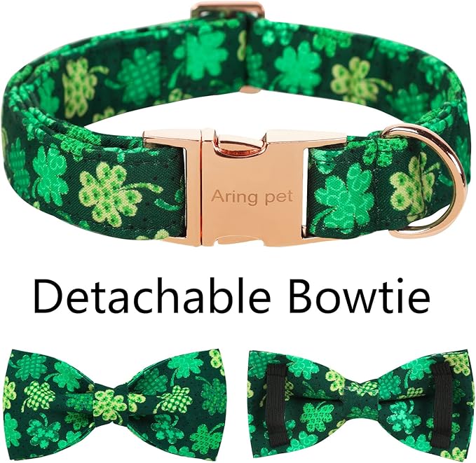 ARING PET St. Patrick's Day Dog Collar with Bow, Cute Adjustable Plaid Clovers Bowtie Pet Collars with Metal Buckle for Puppy Small Medium Large Boy Girl Dogs-XS