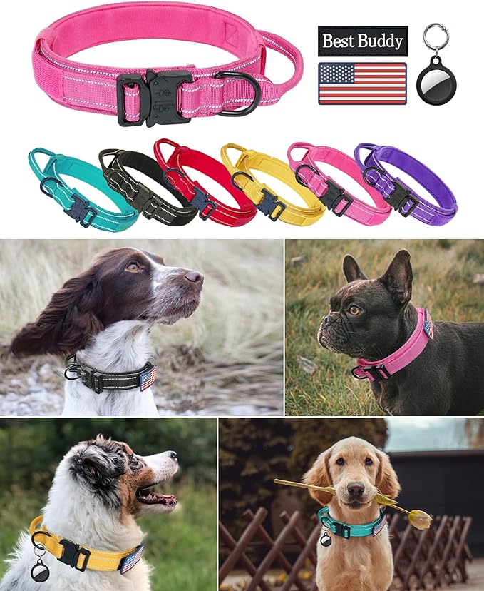 AUBELL Reflective Tactical Dog Collar,Adjustable Military Heavy Duty K9 Collars with Handle and Quick Release Metal Buckle Great for Medium Dogs, with Airtag Case and 2 Patches (Pink,M)