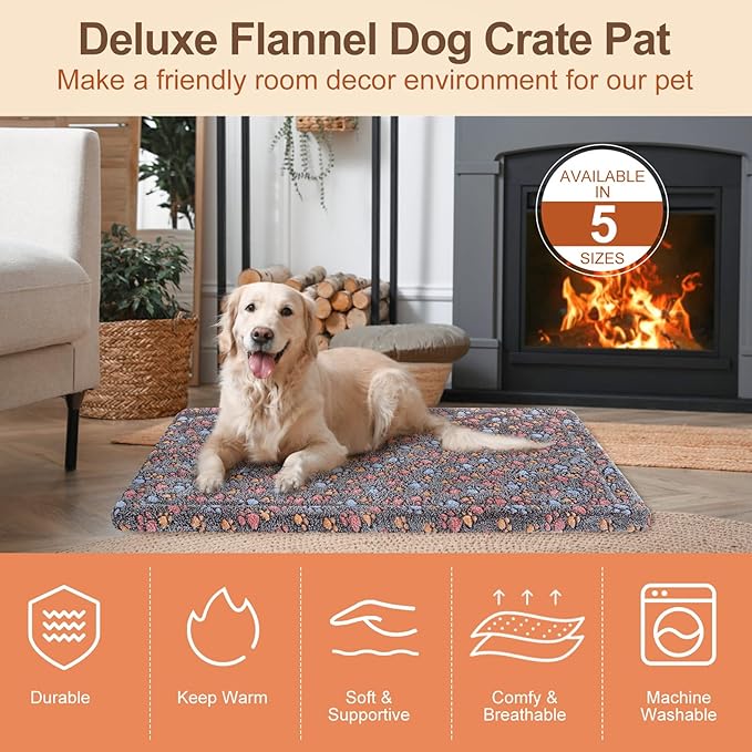 BEAUTYZOO Dog Bed Crate Pad 48 x 30 inch, Washable Dog Crate Mat for XX-Large Sized Dogs, Anti-Slip Pet Crate Bed Kennel Pad, Durable Cozy Puppy Sleeping Mat Rectangle Mattress, Colorful Paw