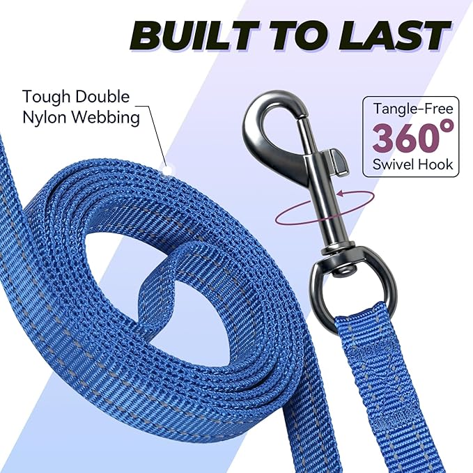 VIVAGLORY Twingrip Dog Leash, Double Handle Dog Leash for Training & Walking with Traffic Handle & 2 Loop, Traffic Control Reflective Heavy Duty for Puppy Pet, 4ft x 1/2in, Blue