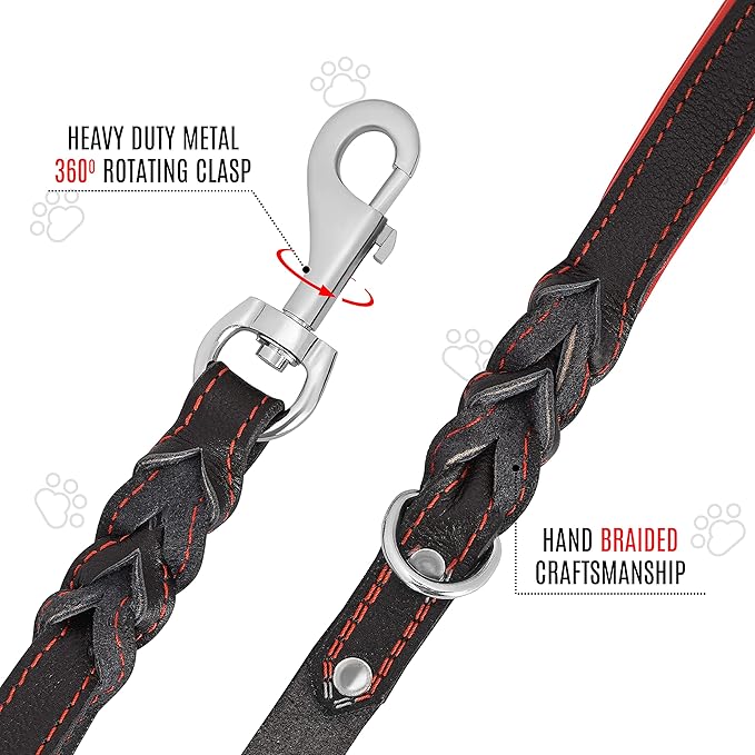 Riparo Leather Dog Leash 6ft with 2 Handles Padded Leash for Extra Control, Leather Dog Leashes for Large Breed Dogs Training Walking Heavy Duty Leashes for Dogs (Black/Red Thread, L: 3/4" x6ft)