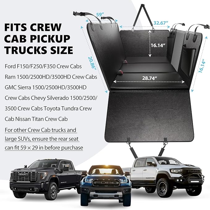 AIREDOULER Truck Dog Seat Cover Back Seat, Hard Bottom Dog Hammock for Car 1.2" Comfort Soft Foam, Waterproof XL Large Pet Extender Bed Supports 560lbs, Durable Platform Protector Full Size Crew Cab
