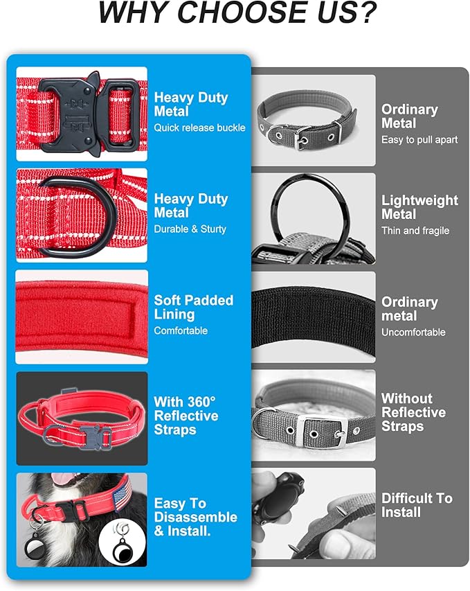 AUBELL Reflective Tactical Dog Collar,Adjustable Military Heavy Duty K9 Collars with Handle and Quick Release Metal Buckle Great for Medium Dogs, with Airtag Case and 2 Patches (Red,M)