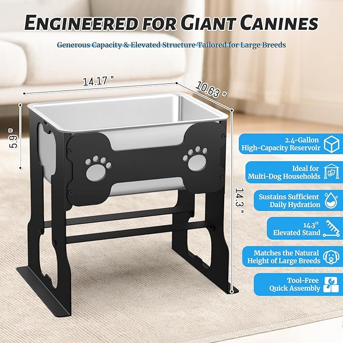 2.4 Gallon Elevated Large Dog Water Bowl with Full Metal Stand, 14.2" Raised Stainless Steel Bowl for Large Breed, Dog Feeding Station for Relief Joint Pressure, Easy to Clean, Indoor & Outdoor Uses