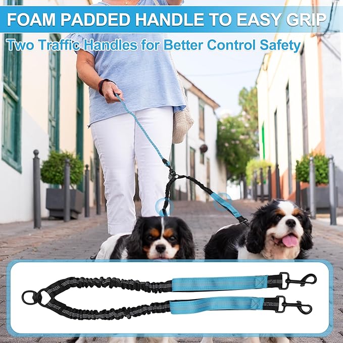 Double Dog Leash, Hands-Free Dual with Comfortable Padded Handle, Double for Two Dogs, Adjustable Length, Blue, 1 Set