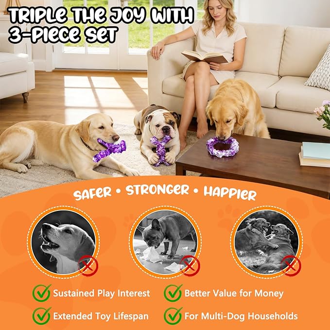 3 Pack Tough Dog Chew Toys for Aggressive Chewers - Bacon Flavored, Suitable for Small Medium Large Dogs, Almost Indestructible Toys to Keep Them Busy & Teething Cleaning