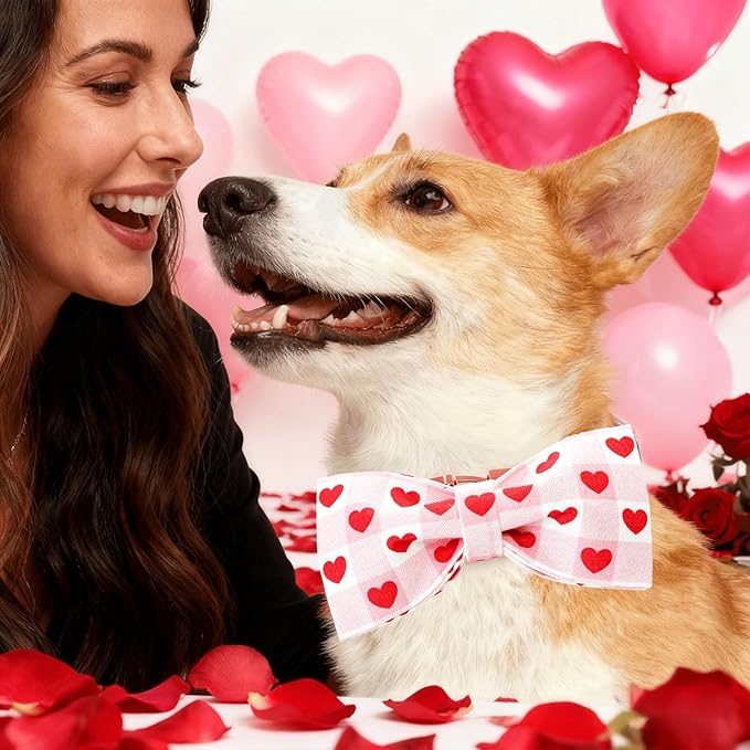 Elegant little tail Valentine's Dog Collar - Pink Plaid Red Heart Dog Collars Bowtie Pet Collars with Sturdy Metal Buckle Cute Puppy Adjustable Collar for Large Dogs