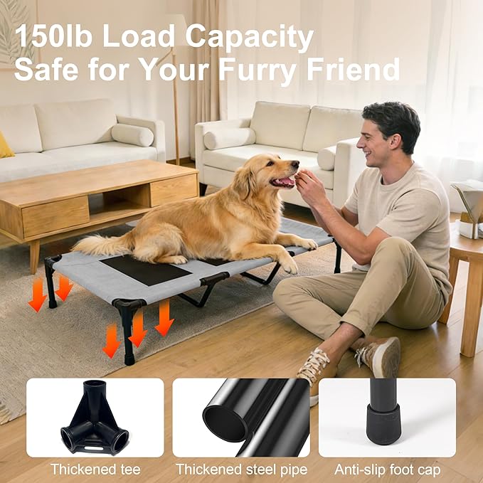 Large Dog Bed, Raised Pet Cot for Medium and Large Dogs, Cooling Breathable Mesh, Durable Sturdy Frame, Washable Cover, Portable and Easy to Assemble Indoor/Outdoor Pet Bed, Grey, L