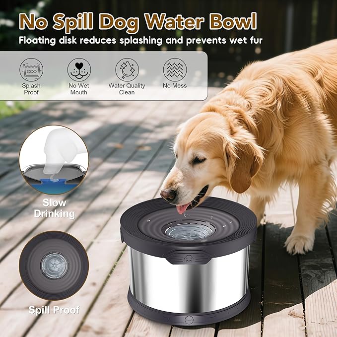 UPSKY Dog Water Bowl No Spill 8L Stainless Steel, 2.1 Gallon Large Capacity Spill-Proof Dog Bowls, Non-Slip Slow Drinking Anti-Splash Bowl for Large Messy Drinkers, No Mess Indoor/Outdoor Use, Black
