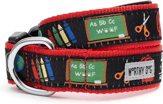 THE WORTHY DOG Collar for Large Dogs, Adjusts 18-24 inches, Durable Nylon Webbing, Quick Release Buckle, K9 College Pattern, Black, X-Large