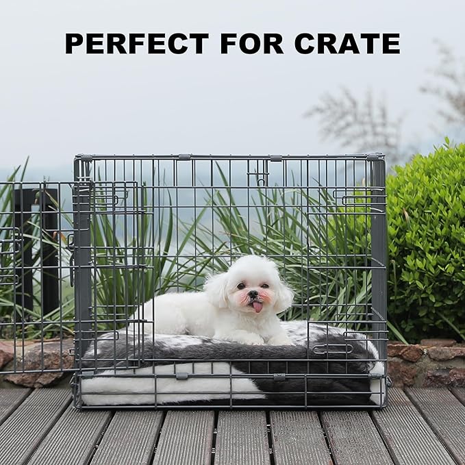 Bedfolks Plush Waterproof Dog Crate Bed, Removable Washable Cover, Faux Fur Pad for Small Dogs & Cats, 17"x12", Black-White Cowhide