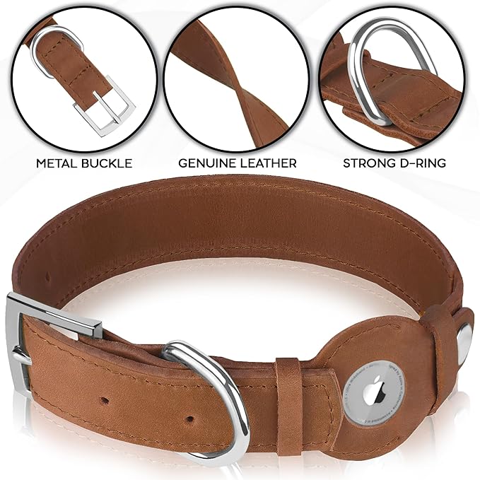 Leather Dog Collar with Airtag Holder - Apple Air Tag Dog Collars - Soft Tracking GPS Pet Collar for Small Medium Large Dogs Breed Puppy (Brown, S, 9"-12" Neck Fit)