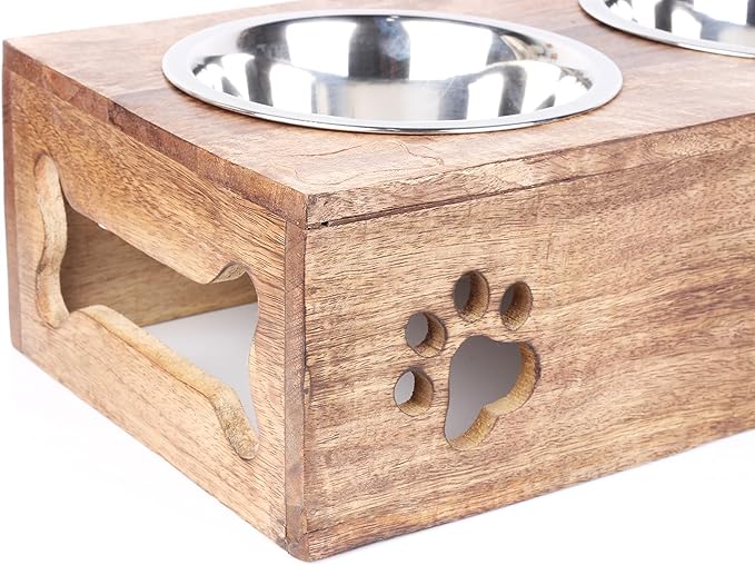 Paw Design Wooden Pet Feeder Station Stand with 2 Stainless Steel Bowls | Raised Dog Bowl Elevated Cat & Puppy Dining Table | 16 x 8.5 x 5 Inches