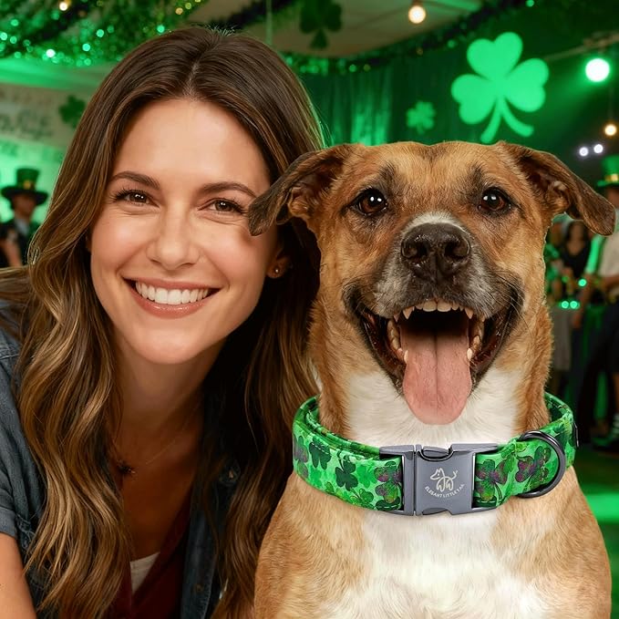 Elegant little tail St Patrick's Dog Collar - Green Lucky Clover Cotton Shamrock Pet Collar Bowtie Cute Collars with Bow Adjustable Pet Collars for Medium Dogs