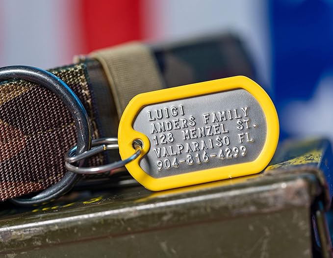Dog Tags for Dogs, Custom Dog Collar ID Tag Personalized for Pets - Super Tough, Quiet Embossed Military Style Stainless Steel Dog Name tag (Yellow)