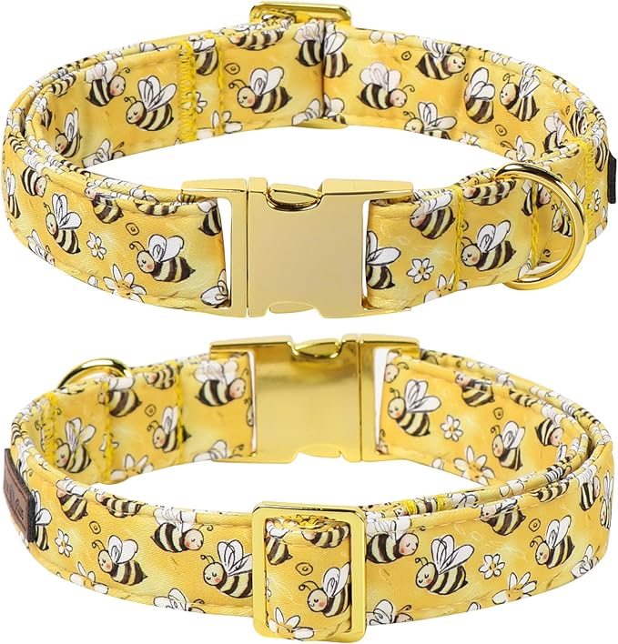 Lionet Paws Spring Dog Collar with Bow tie,Cute Summer Bees Yellow Dog Collar Bow Tie for Dogs Female, Small, Neck 10-16 inches